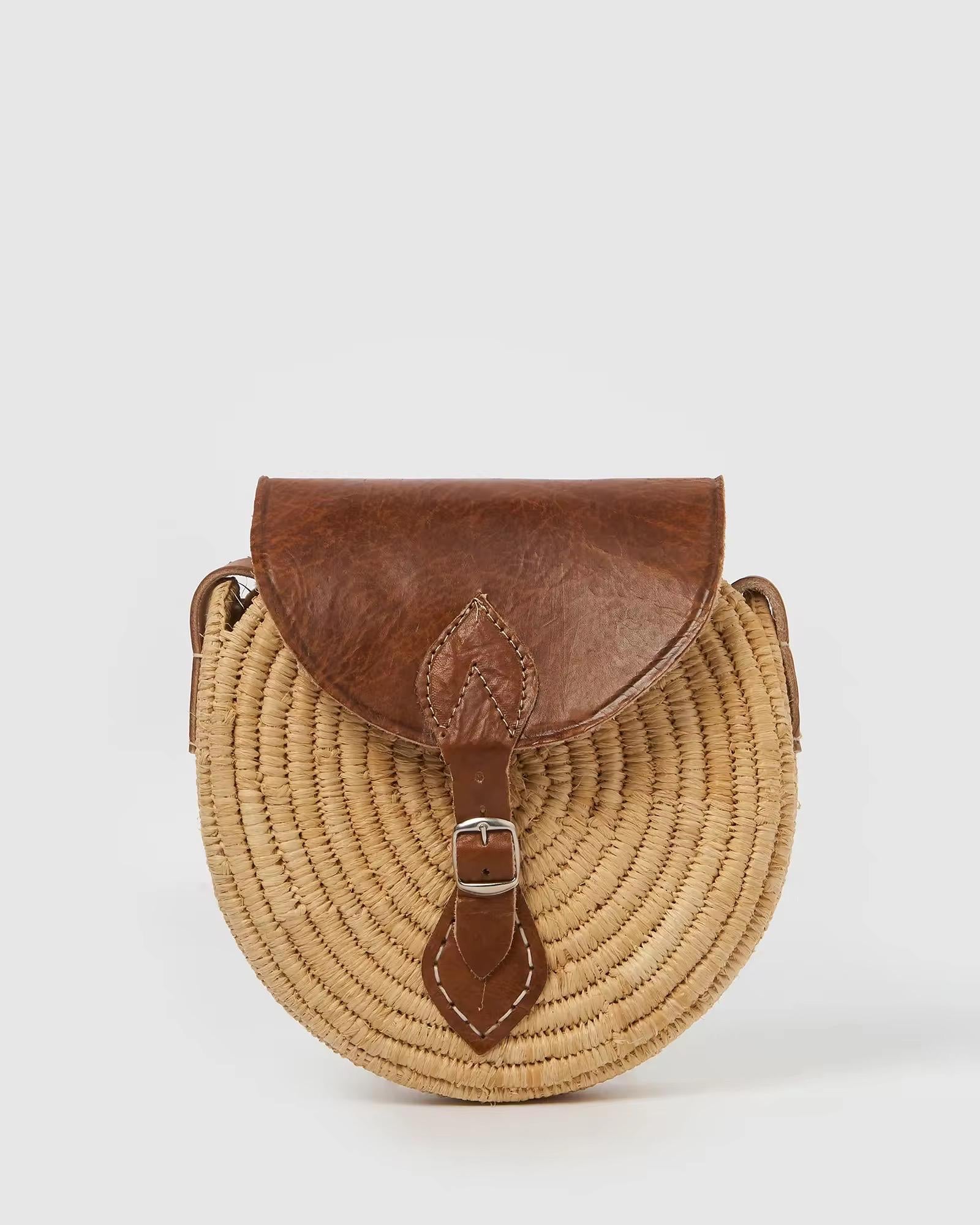 Moroccan Straw Crossbody Bag with Genuine Leather | Handwoven in Morocco | Boho Mediterranean Travel Bag | Be Esther