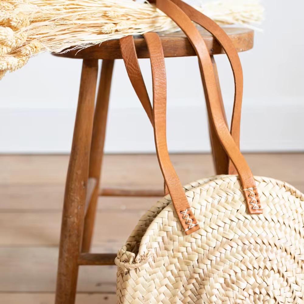 Round Moroccan Straw Basket Bag with Genuine Leather Handles | Handwoven Circle Bag | Mediterranean Summer Boho Bag | Be Esther
