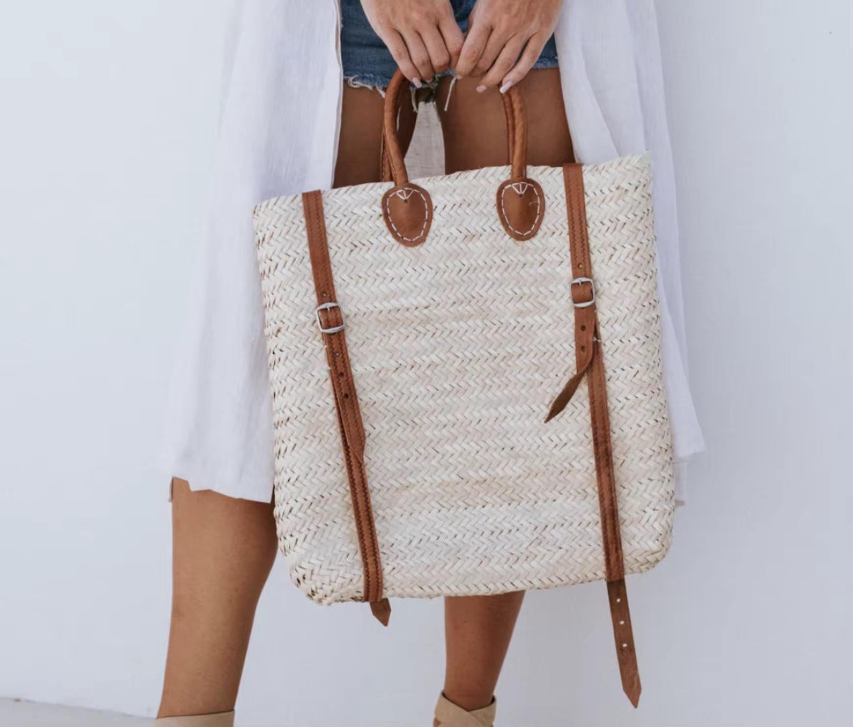 Moroccan Straw Backpack with Genuine Leather | Handwoven in Morocco | Be Esther Boho Coastal Bag | Mediterranean Travel Backpack