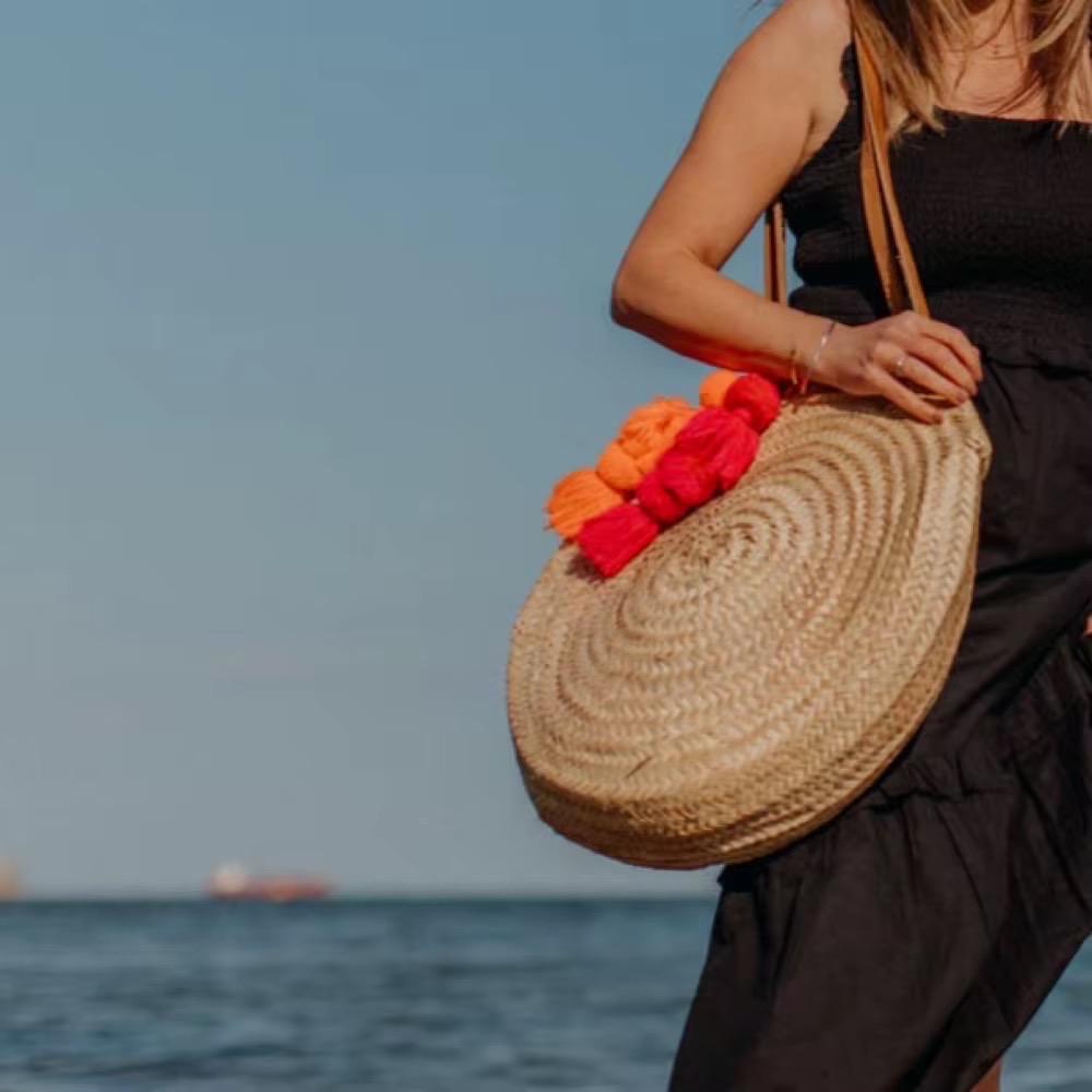 Round Moroccan Straw Basket Bag with Genuine Leather Handles | Handwoven Circle Bag | Mediterranean Summer Boho Bag | Be Esther