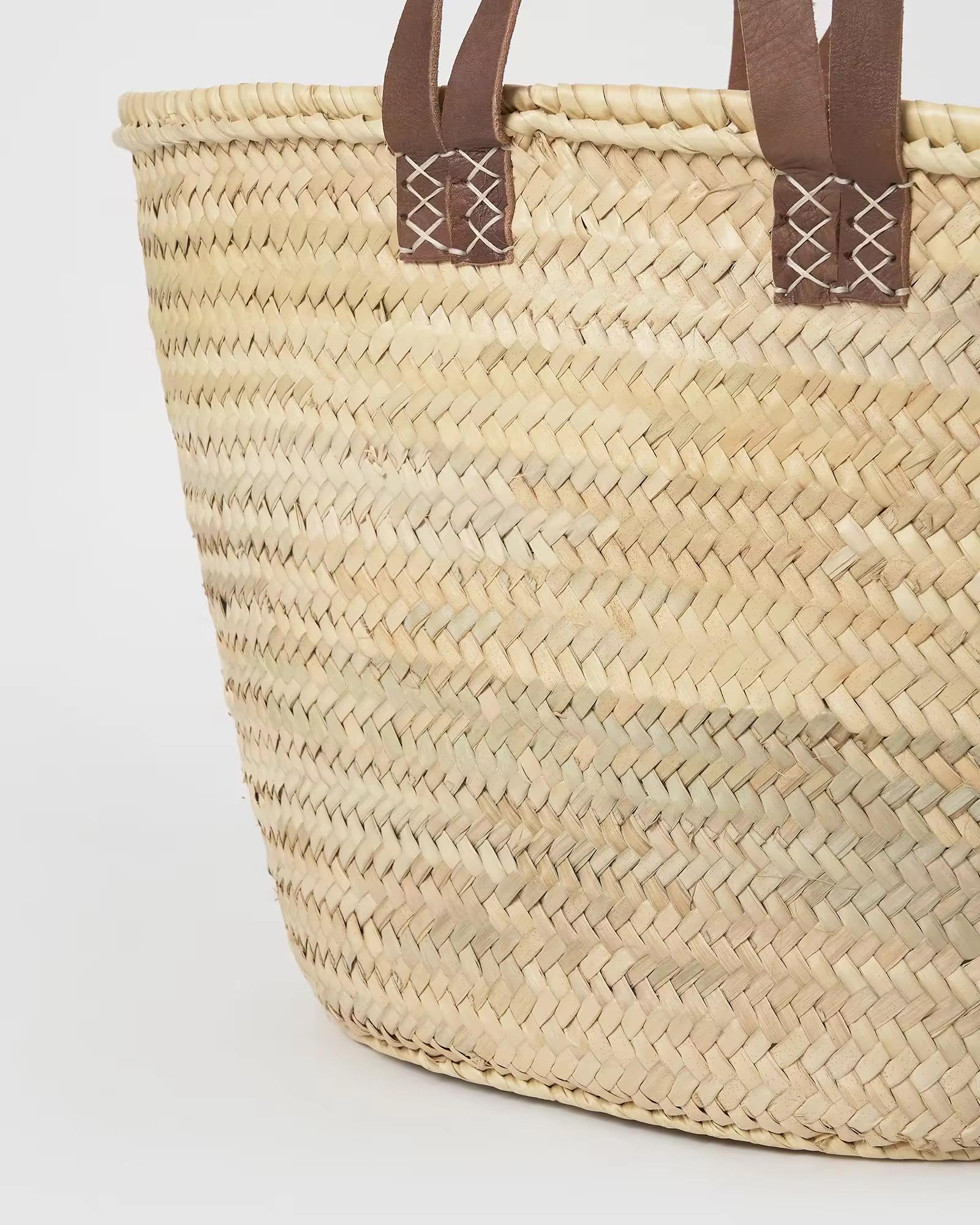 Moroccan Market Tote Basket Bag with Genuine Leather Handles | Handwoven in Morocco | Mediterranean Coastal Summer Bag | Be Esther