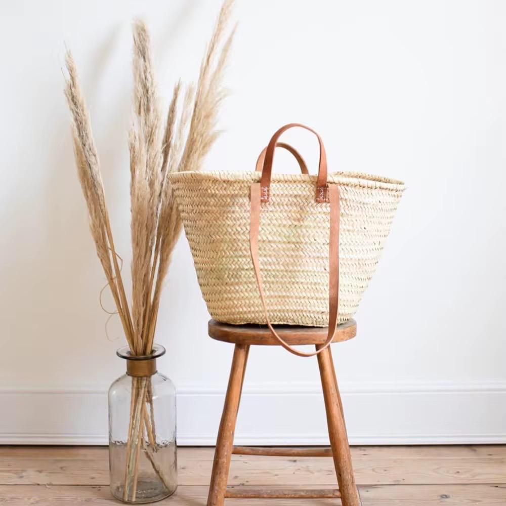 Moroccan Market Tote Basket Bag with Genuine Leather Handles | Handwoven in Morocco | Mediterranean Coastal Summer Bag | Be Esther