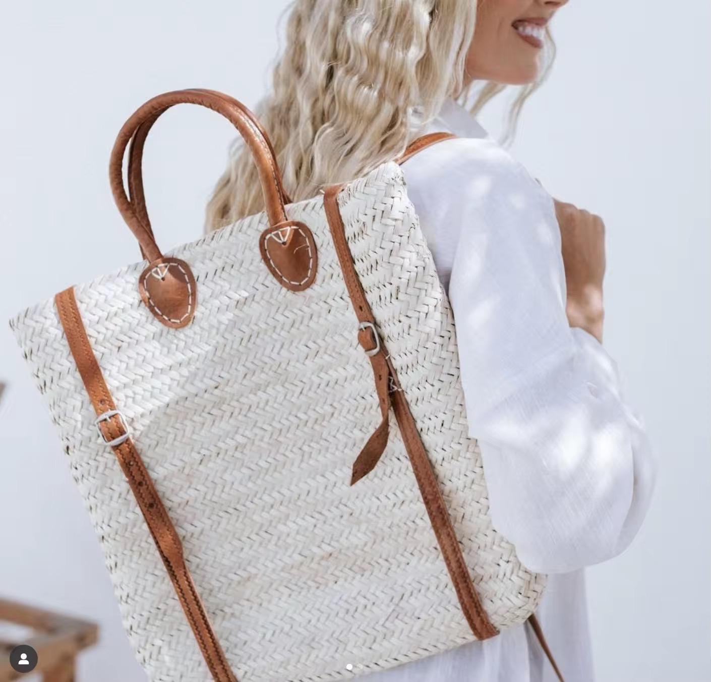Moroccan Straw Backpack with Genuine Leather | Handwoven in Morocco | Be Esther Boho Coastal Bag | Mediterranean Travel Backpack