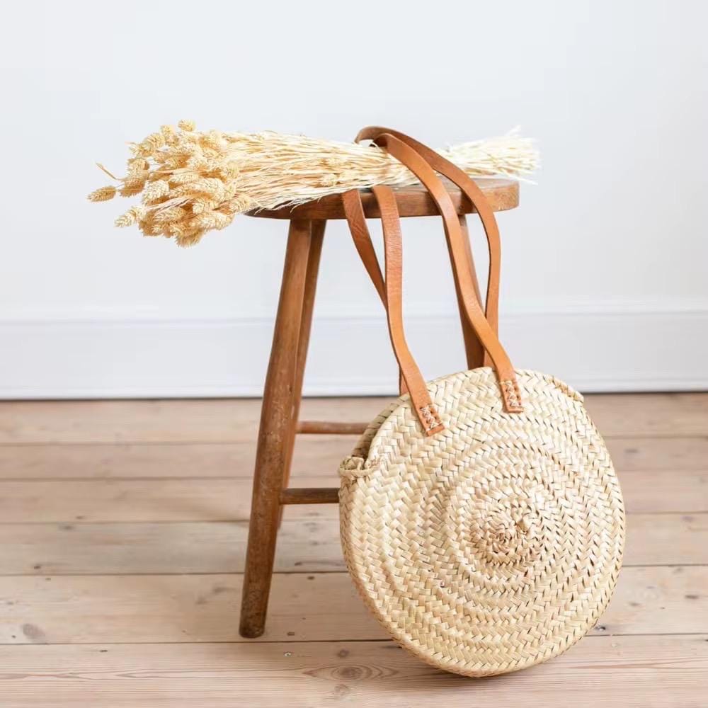 Round Moroccan Straw Basket Bag with Genuine Leather Handles | Handwoven Circle Bag | Mediterranean Summer Boho Bag | Be Esther