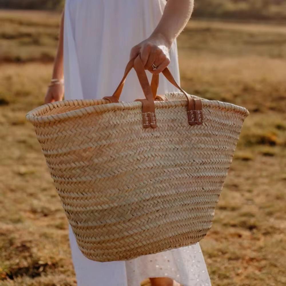 Moroccan Market Tote Basket Bag with Genuine Leather Handles | Handwoven in Morocco | Mediterranean Coastal Summer Bag | Be Esther