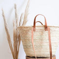 Moroccan Market Tote Basket Bag with Genuine Leather Handles | Handwoven in Morocco | Mediterranean Coastal Summer Bag | Be Esther