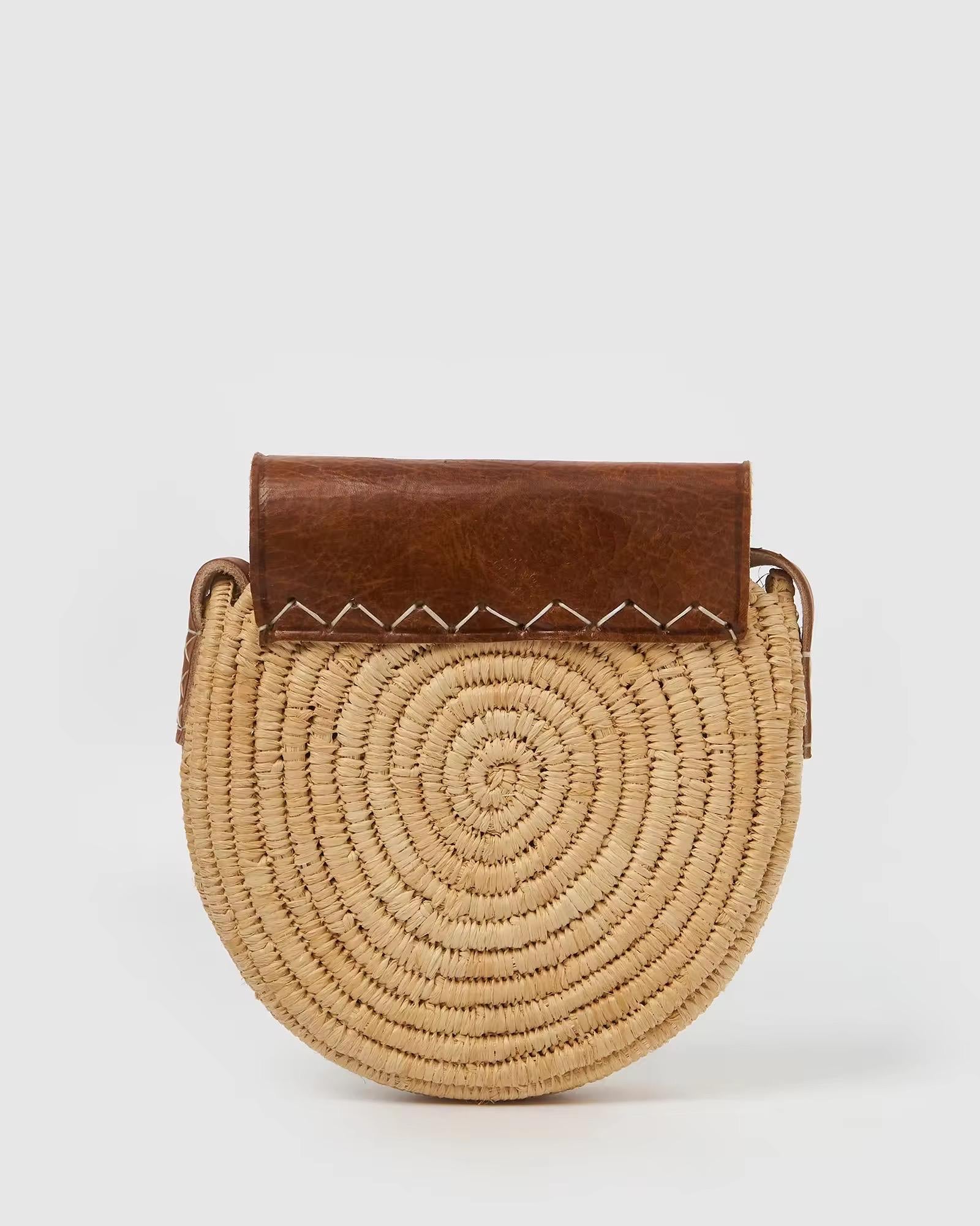 Moroccan Straw Crossbody Bag with Genuine Leather | Handwoven in Morocco | Boho Mediterranean Travel Bag | Be Esther
