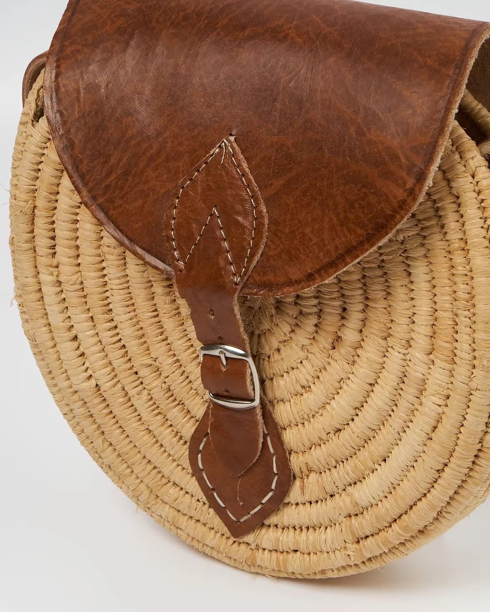 Moroccan Straw Crossbody Bag with Genuine Leather | Handwoven in Morocco | Boho Mediterranean Travel Bag | Be Esther