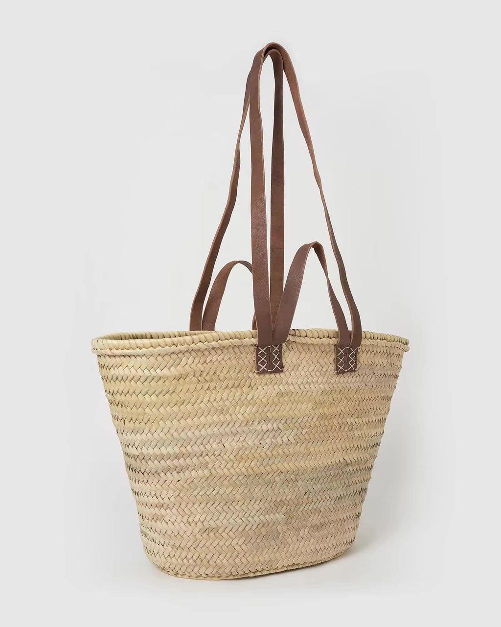 Moroccan Market Tote Basket Bag with Genuine Leather Handles | Handwoven in Morocco | Mediterranean Coastal Summer Bag | Be Esther