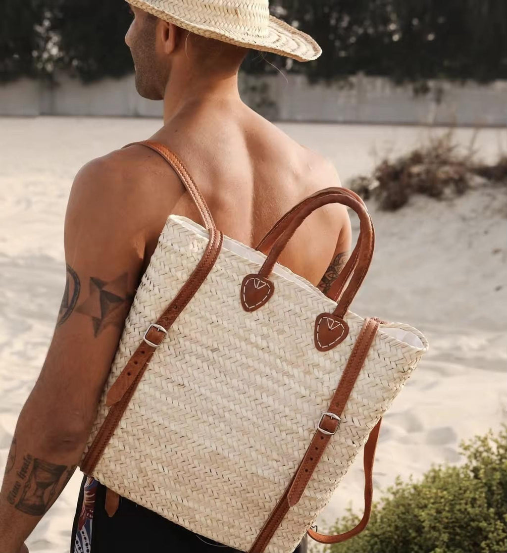Moroccan Straw Backpack with Genuine Leather | Handwoven in Morocco | Be Esther Boho Coastal Bag | Mediterranean Travel Backpack